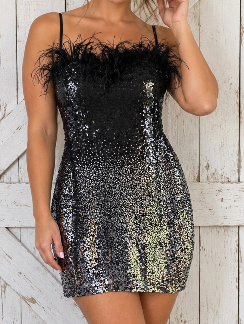 B Darlin Feather-trim Ombre Sequin Bodycon Mini Dress Size 9/10 Hoco Homecoming